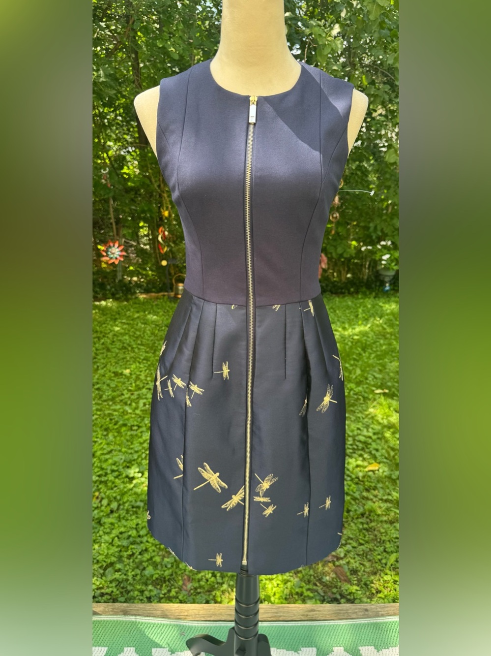 Ted Baker London Hartty Metallic Gold Dragonfly Navy Jacquard Dress Ted's Size 1